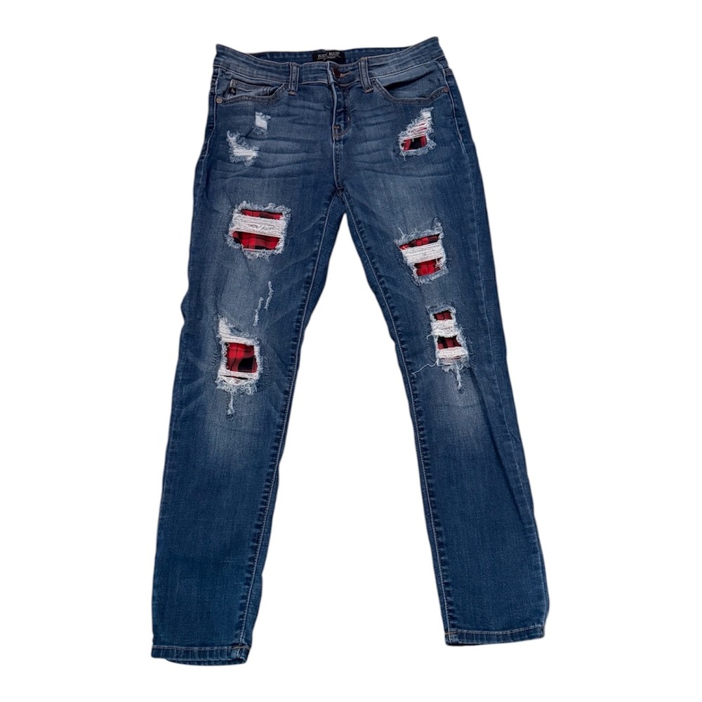 Judy Blue Plaid‎ Patch Distressed Skinny Jeans Medium Wash Blue Denim 9 29
